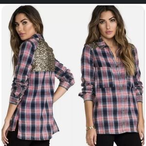 Free People Sequin Plaid Flannel Button Down- Medium